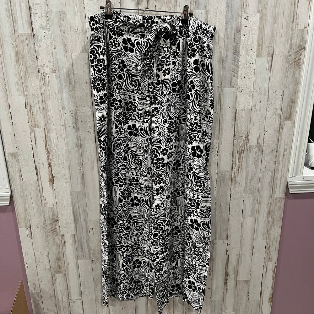 Primark Black White Floral Belted Wide Leg Lightweight‎ Flowy Beachy Pants XL